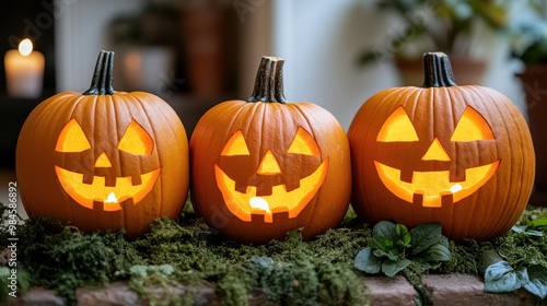 Three intricately carved Halloween pumpkins illuminated by candles and displayed on a moss-covered surface with blurred background in a home setting