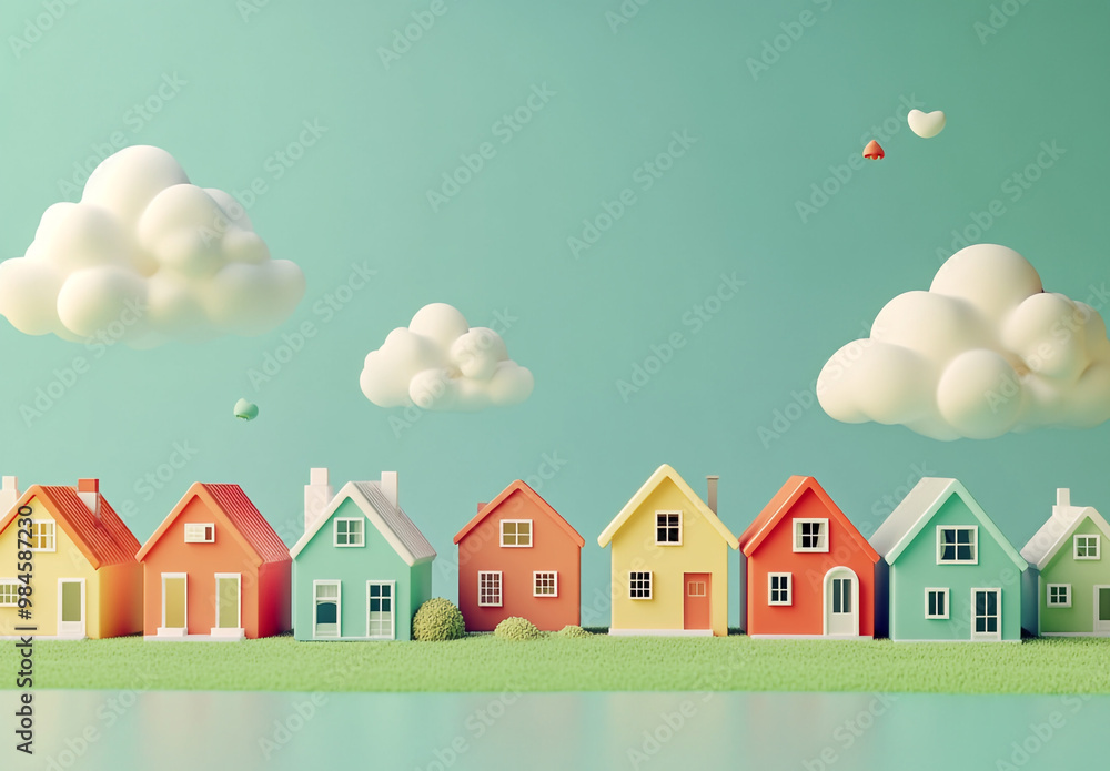 A group of houses with clouds, a green background, 3D rendering, in a cartoon style. A group of houses with clouds, a green background, 3D rendering, in a cartoon style.