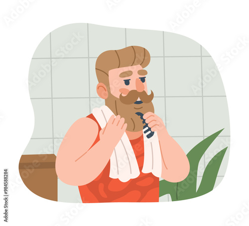 Cartoon man grooming beard with comb