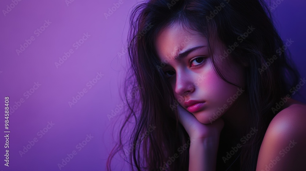 Pensive Girl with Long Hair in Purple Light Pensive Girl with Long Hair in Purple Light