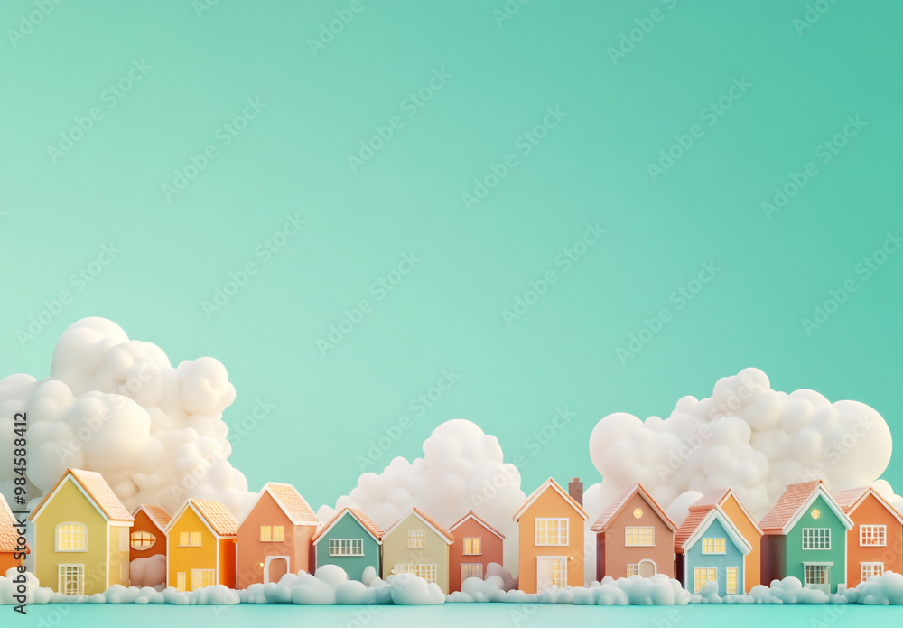 Fototapeta premium A group of houses with clouds, a green background, 3D rendering, in a cartoon style. 