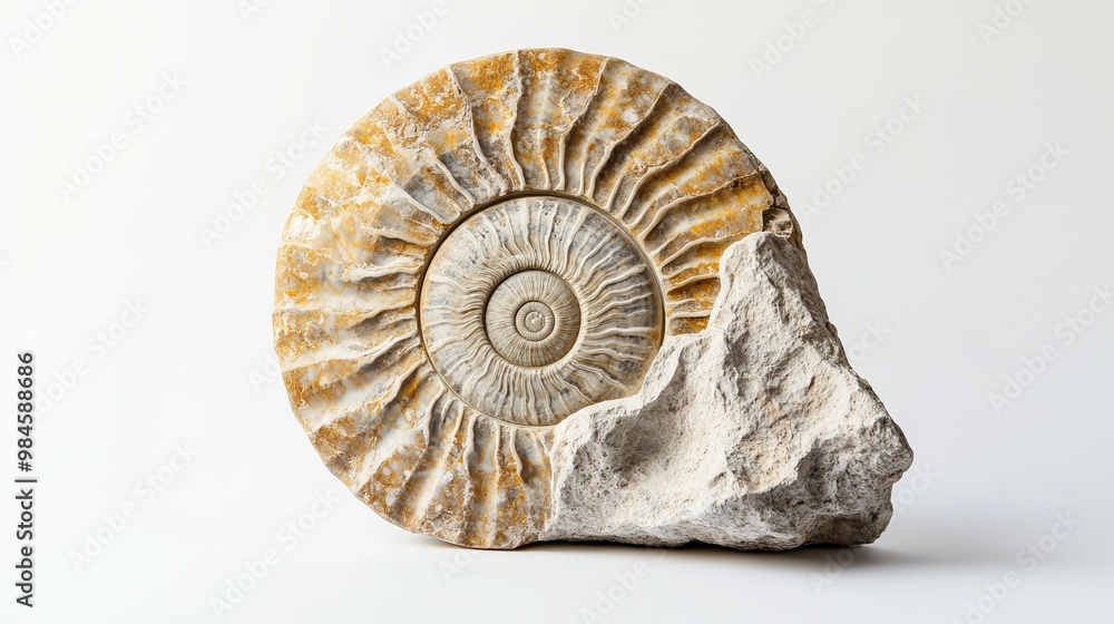 A beautiful ammonite fossil, preserved in stone, stands out against a white background. This ancient shell belonged to a type of extinct sea creature. A beautiful ammonite fossil, preserved in stone, stands out against a white background. This ancient shell belonged to a type of extinct sea creature.