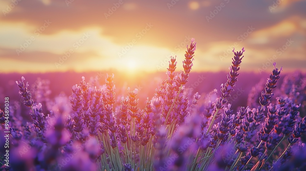 Lavender field at sunset with a golden glow. Lavender field at sunset with a golden glow.