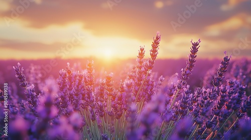 Lavender field at sunset with a golden glow.