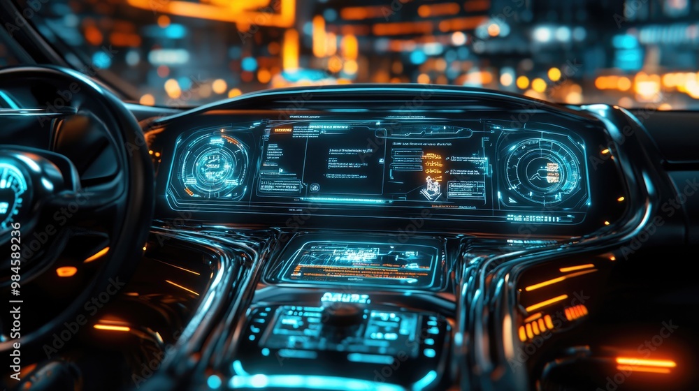 A futuristic car dashboard with holographic controls and displays, projecting information like speed and GPS directions. A futuristic car dashboard with holographic controls and displays, projecting information like speed and GPS directions.