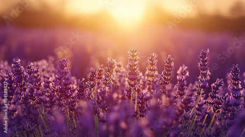 Lavender field at sunset with warm, golden light.