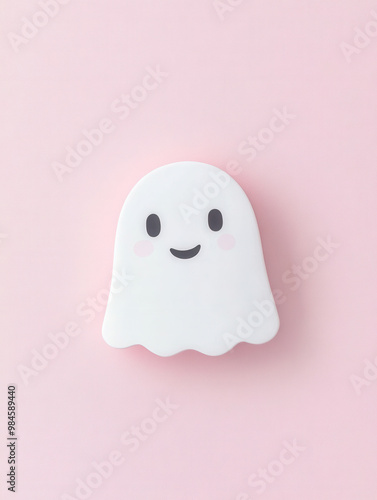 Cute minimalist halloween white Ghost, pastel color on a white pastel background 