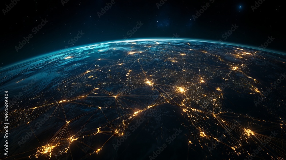 Fototapeta premium Our planet Earth at night, glowing with the lines of communication that connect us all. It shows how business, finance, and the internet link the world together.