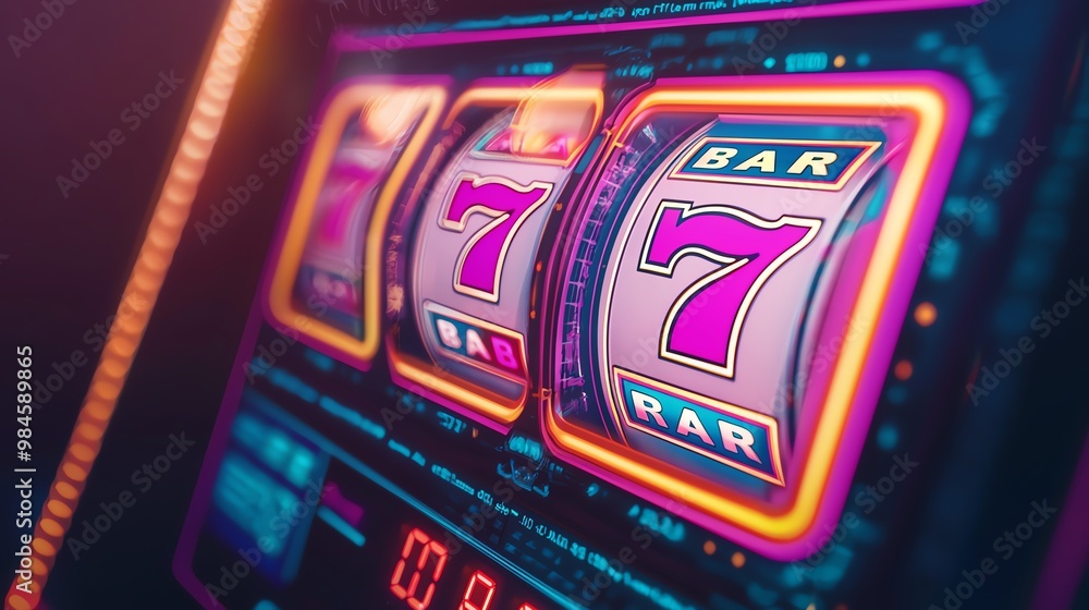 Colorful slot machine with illuminated symbols, showcasing a lucky seven and classic bar sign, perfect for gambling themes. Colorful slot machine with illuminated symbols, showcasing a lucky seven and classic bar sign, perfect for gambling themes.