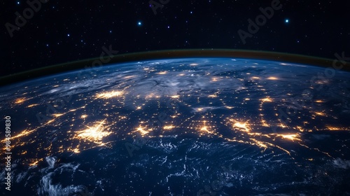 Fototapeta Naklejka Na Ścianę i Meble -  Our planet Earth at night, glowing with the lines of communication that connect us all. It shows how business, finance, and the internet link the world together.