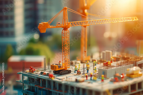 A detailed miniature construction scene showcasing tiny workers and heavy machinery in a realistic setting. photo