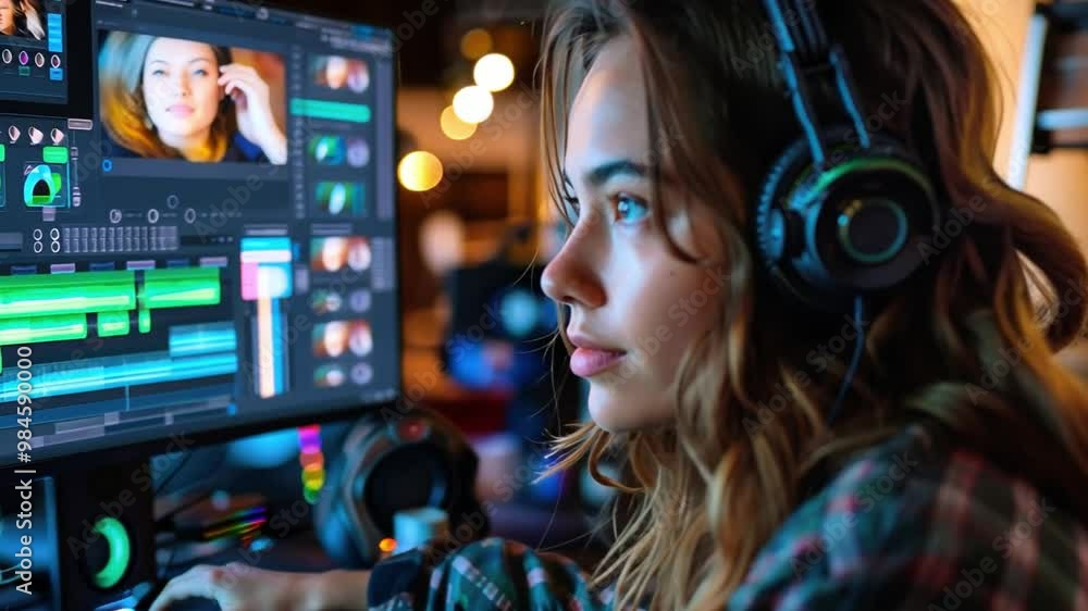 A professional woman using her computer. The monitor shows a green screen and mockup template, ideal for placing text or graphics. a green screen background. A professional woman using her computer. The monitor shows a green screen and mockup template, ideal for placing text or graphics. a green screen background.