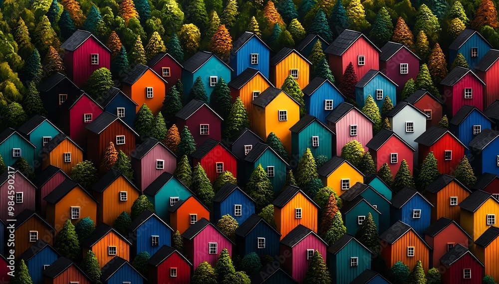 Obraz premium A vibrant aerial view of colorful houses nestled among lush trees, showcasing charm and diversity in architecture and design.