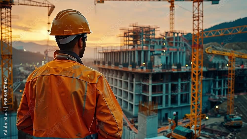 A partially constructed structure is visible behind the male engineer, who is standing and observing the construction process while wearing protective gear. A partially constructed structure is visible behind the male engineer, who is standing and observing the construction process while wearing protective gear.