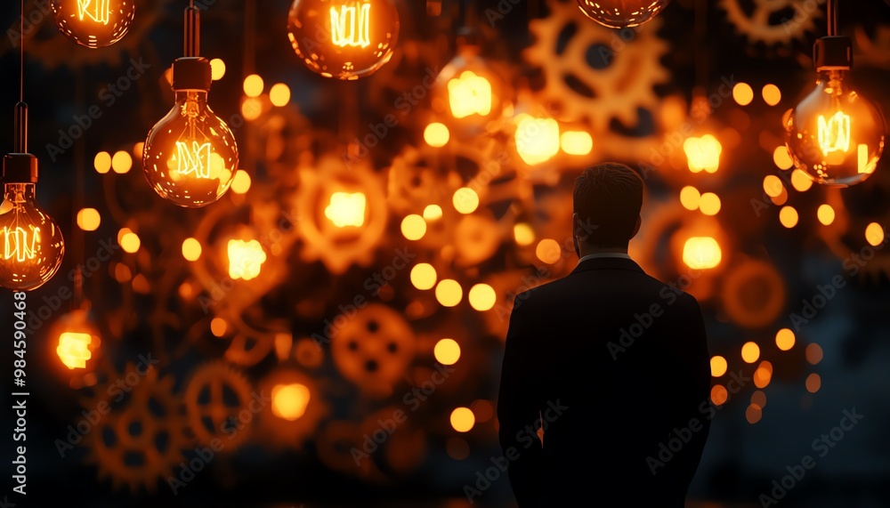 A contemplative figure stands before glowing gears and lights, reflecting on innovation and creativity in a warm, atmospheric setting. A contemplative figure stands before glowing gears and lights, reflecting on innovation and creativity in a warm, atmospheric setting.