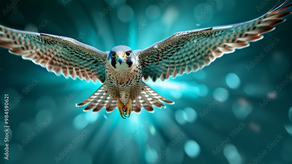 Fototapeta premium Majestic Falcon in Mid-Flight Against Sparkling Background