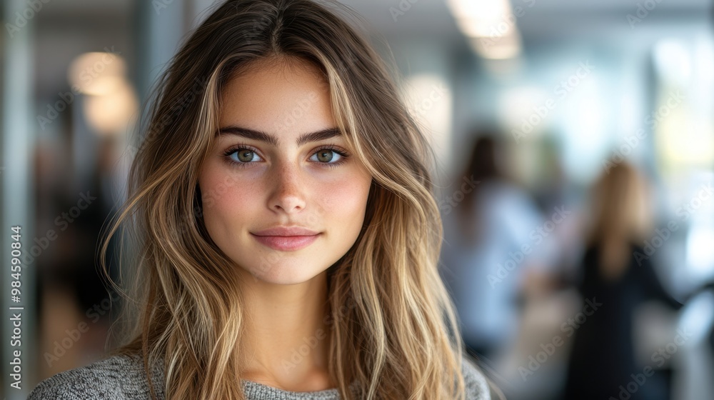 A young woman with long blonde hair and captivating blue eyes stands confidently in a modern, well-lit office environment with a subtle smile, showcasing her natural beauty A young woman with long blonde hair and captivating blue eyes stands confidently in a modern, well-lit office environment with a subtle smile, showcasing her natural beauty