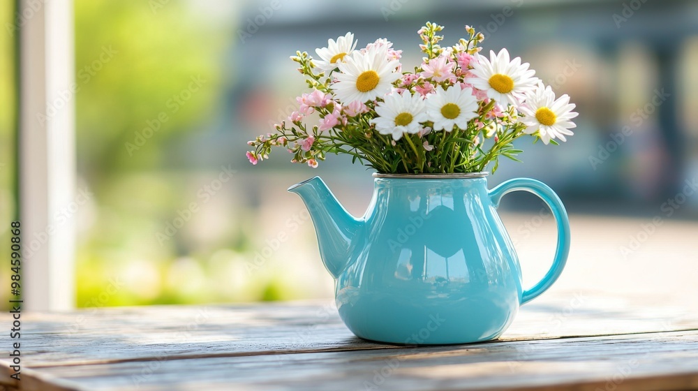Fototapeta premium Fresh Flowers in Blue Teapot on Rustic Table