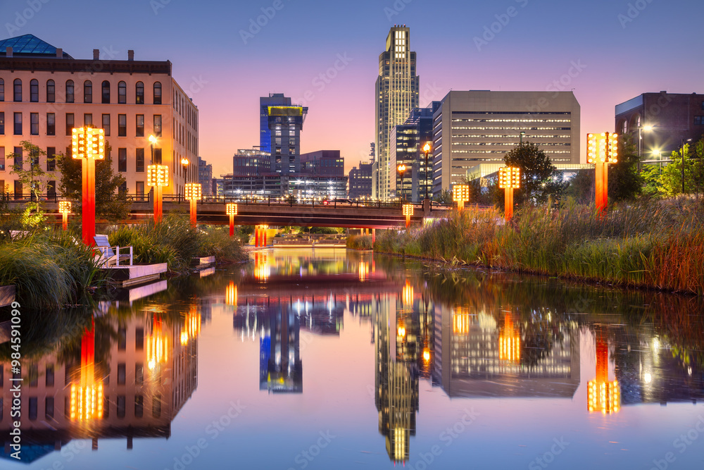 Omaha, Nebraska, USA. Cityscape image of downtown Omaha, Nebraska at beautiful autumn sunset.