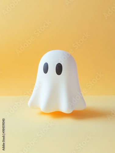 Cute minimalist halloween white Ghost, pastel color on a white pastel background 