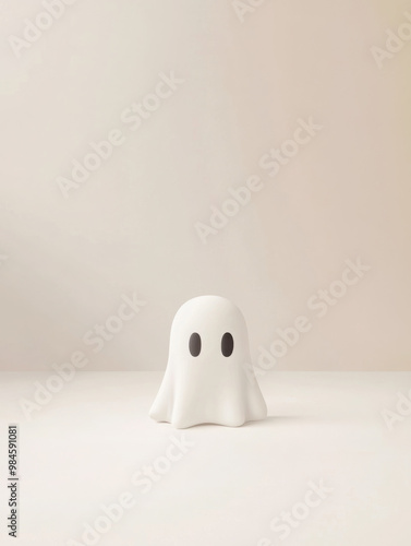 Cute minimalist halloween white Ghost, pastel color on a white pastel background 