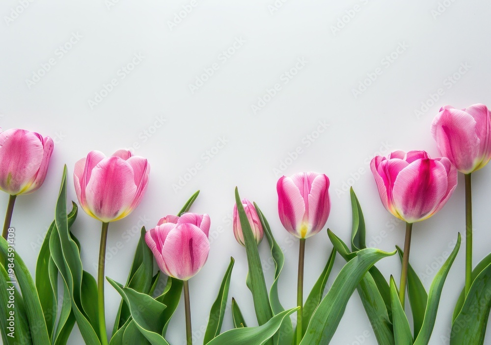 Fototapeta premium Pink tulips with green leaves arranged on a minimalistic white background