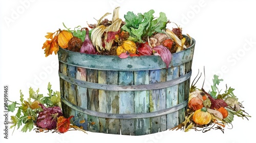 A rustic wooden barrel filled with colorful autumn vegetables and leaves, showcasing the beauty of seasonal harvest.