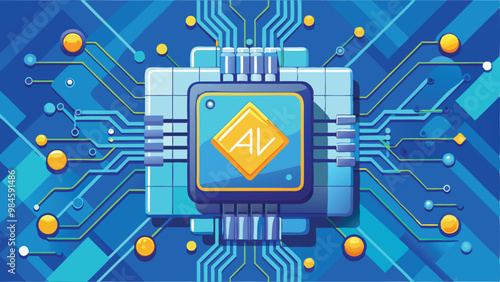 Print AI Chip Top View on Technology Blue Background Vector Illustration Depicting Futuristic Digital Circuit Design