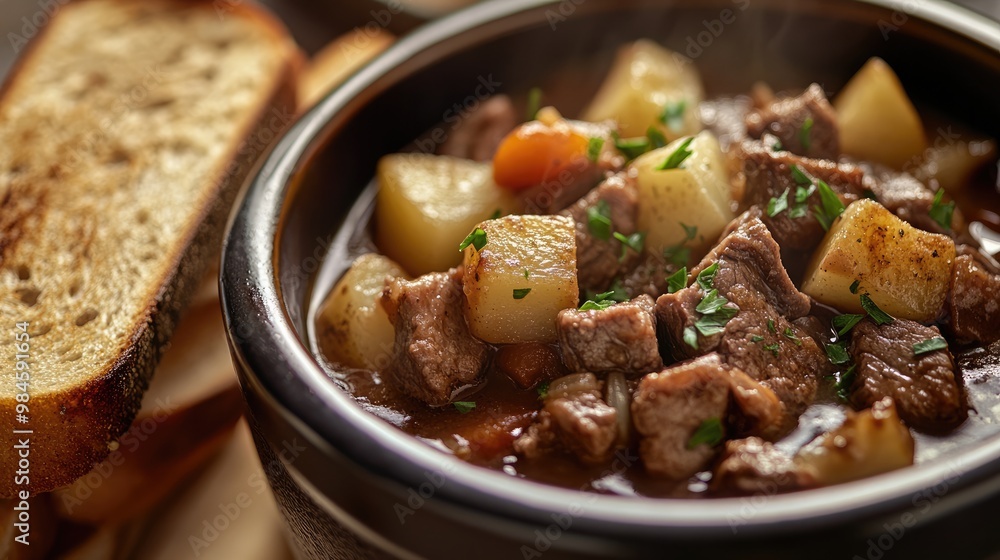 Hearty Beef Stew with Potatoes in Crock Pot and Side of Toast Hearty Beef Stew with Potatoes in Crock Pot and Side of Toast