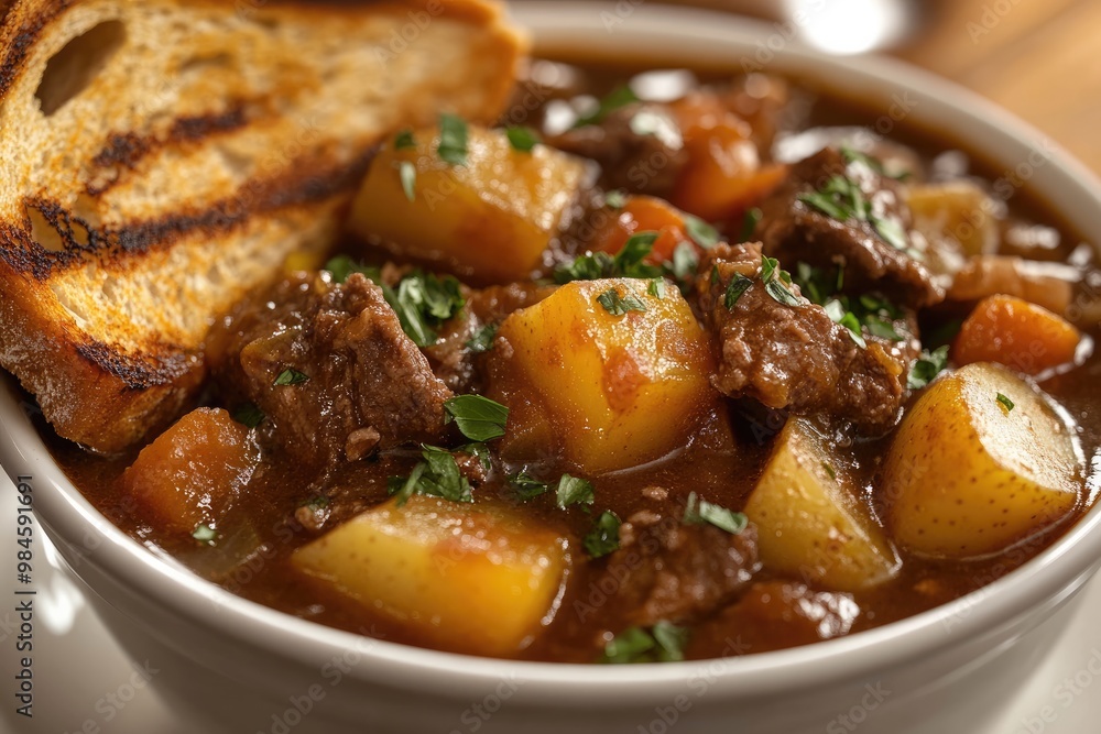 Hearty Beef Stew with Potatoes in Crock Pot and Side of Toast Hearty Beef Stew with Potatoes in Crock Pot and Side of Toast