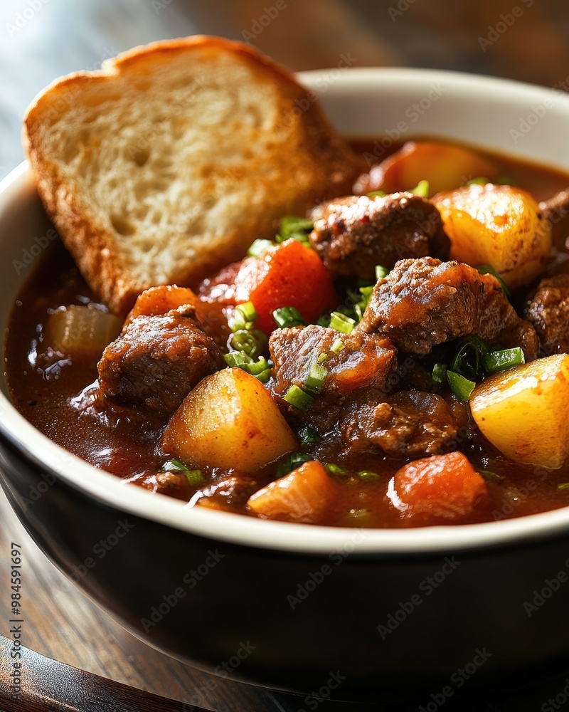 Hearty Beef Stew with Potatoes in Crock Pot and Side of Toast Hearty Beef Stew with Potatoes in Crock Pot and Side of Toast
