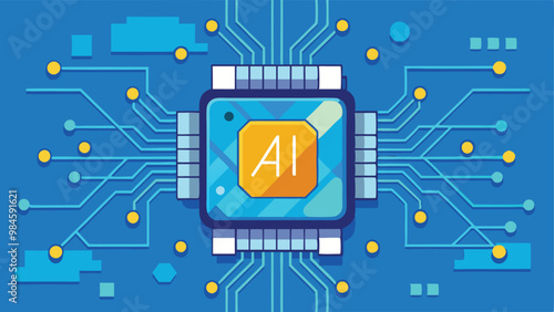 Print AI Chip Top View on Technology Blue Background Vector Illustration Depicting Futuristic Digital Circuit Design
