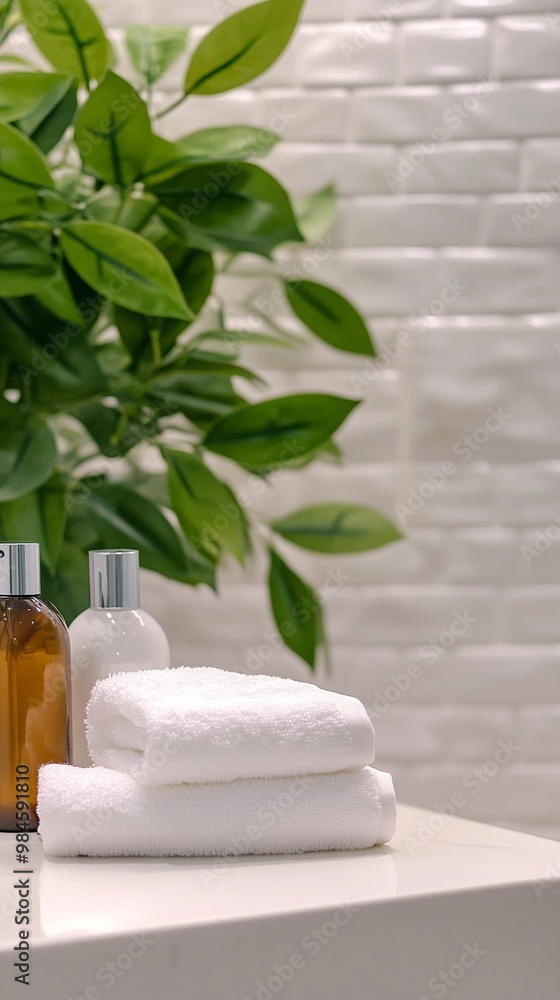 Serene spa setting with fresh green plant, soft white towels, and essential oil bottles on a clean surface against a textured white backdrop. Serene spa setting with fresh green plant, soft white towels, and essential oil bottles on a clean surface against a textured white backdrop.