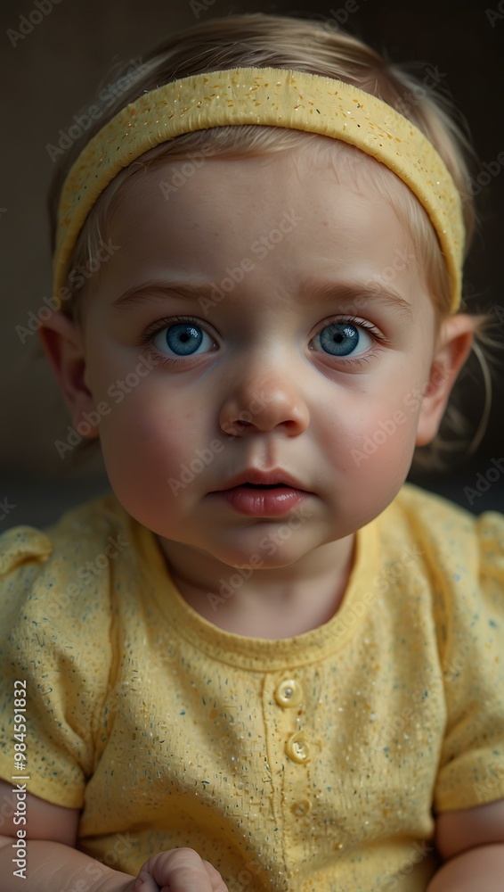 Portrait of a baby girl with blue eyes and a yellow headband. Portrait of a baby girl with blue eyes and a yellow headband.