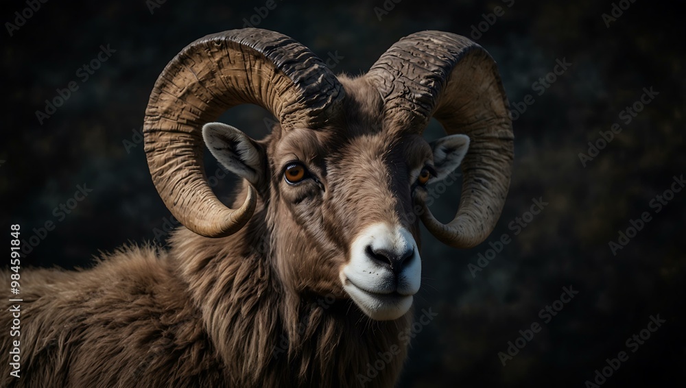 Portrait of a bighorn sheep with large curled horns against a dark backdrop. Portrait of a bighorn sheep with large curled horns against a dark backdrop.
