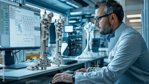 CAD engineer finalizing designs of knee and hip prostheses on a computer, while a 3D printer manufactures the prostheses in the background. photo