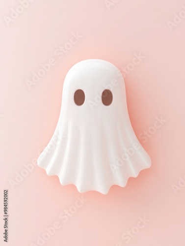 Cute minimalist halloween white Ghost, pastel color on a white pastel background 