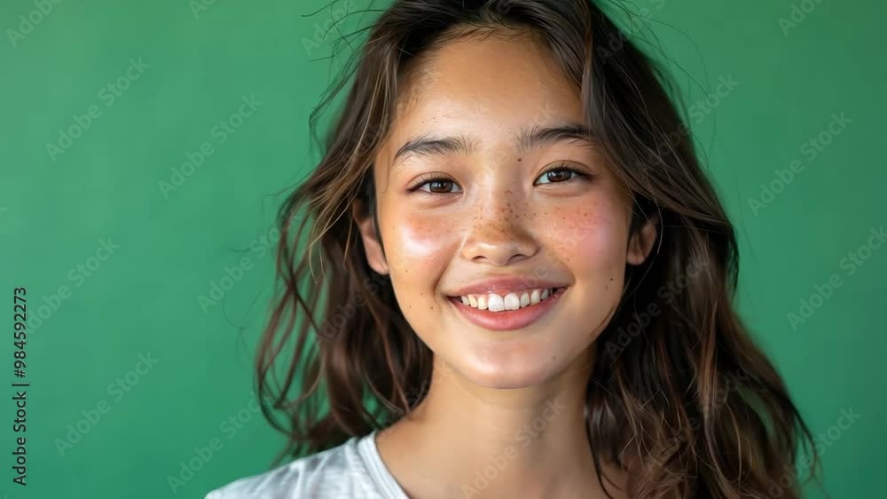 An Asian woman, aged 18–25, with a bright, youthful face, joyfully poses with an expressive gesture against a green screen background. Her vibrant expression enhances the energy of the shot An Asian woman, aged 18–25, with a bright, youthful face, joyfully poses with an expressive gesture against a green screen background. Her vibrant expression enhances the energy of the shot