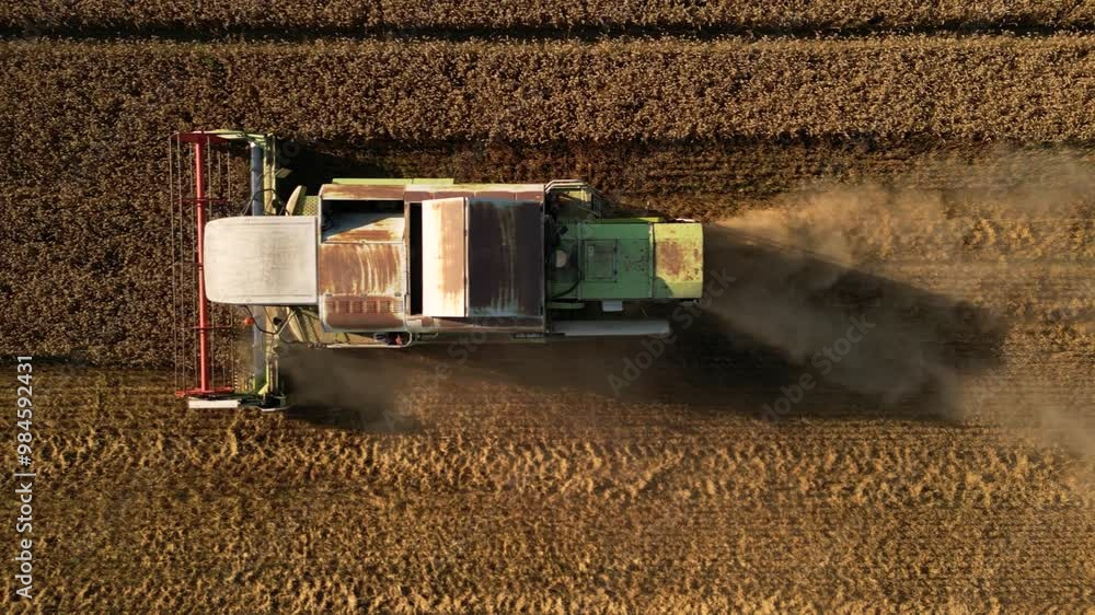 Drone shot of a combine tractor harvesting grain before dumping it in a ...