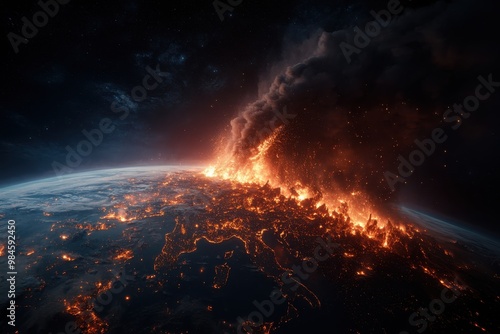 A catastrophic scene of the Earth engulfed in flames and smoke viewed from space, showcasing the devastation of an apocalyptic event, highlighting the fragility of our planet. photo