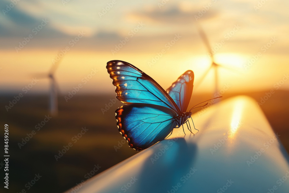 Obraz premium Vibrant Blue Butterfly Overlooking Wind Turbines at Sunset for Sustainability