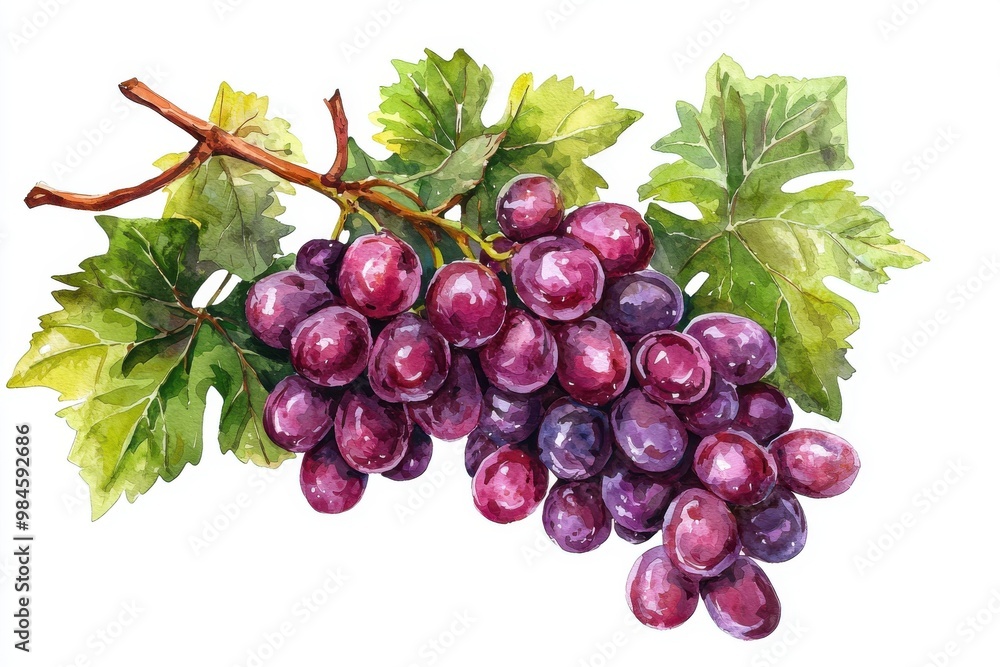 Fototapeta premium Fresh bunch of purple grapes with vibrant green leaves, perfect for illustrations or food-related designs.