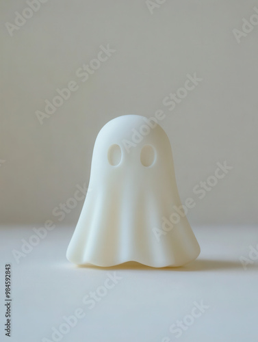 Cute minimalist halloween white Ghost, pastel color on a white pastel background 