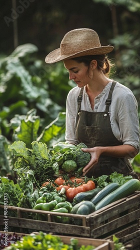 A gardener in a straw hat and overalls harvests fresh vegetables from a lush garden, carefully selecting ripe tomatoes and zucchini for a wooden crate.