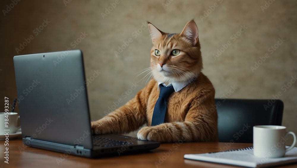 Professional cat at a desk, working with a laptop and coffee. Professional cat at a desk, working with a laptop and coffee.