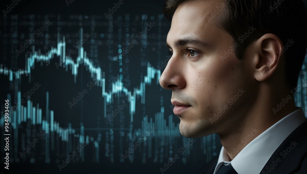 Profile of a man with data graphics, symbolizing finance and technology. Profile of a man with data graphics, symbolizing finance and technology.