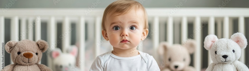 A cute toddler sits in a crib surrounded by plush toys, exuding curiosity and innocence in a cozy, soft-lit environment. A cute toddler sits in a crib surrounded by plush toys, exuding curiosity and innocence in a cozy, soft-lit environment.