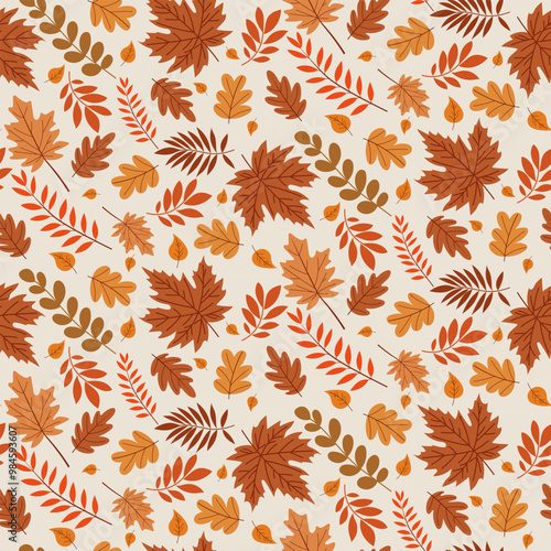 A simple fall pattern in a flat style with colorful leaves and fall details arranged in a repeating design. Background for textile, fabric, cotton fabric, covers, wallpaper, print, gift wrapping.