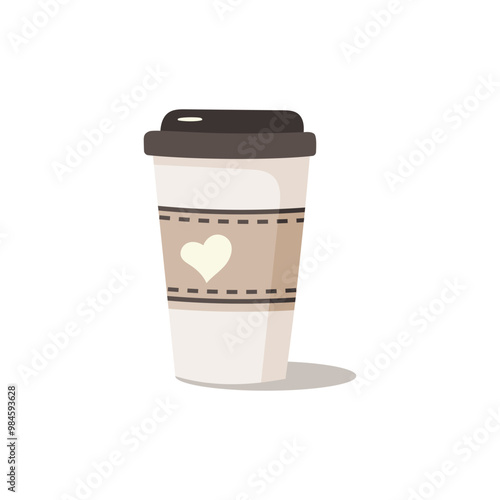 A minimalist flat-style illustration of a to-go coffee cup on a white background. The cup features a simple design with a lid and a brown sleeve, emphasizing a clean and modern aesthetic.