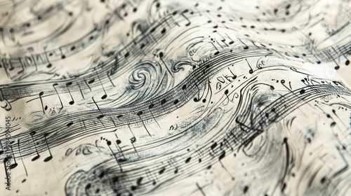 Hand-drawn music notes swirling across a page, with whimsical lines and artistic flourishes evoking creativity.